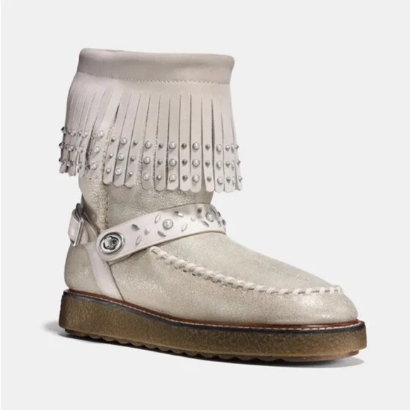 Coach Shoes - Coach Moccasin Fringe Natural Gold Leather Sheepskin Studded Moto Boots size 5
